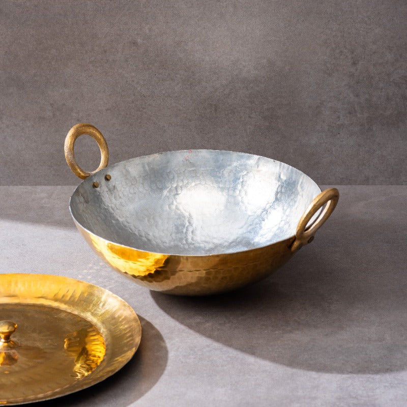 Kit de Iniciación Ayurveda – Kadhai de Latón, Vaso de Cobre y Plato Kansa de 26,5 cm
