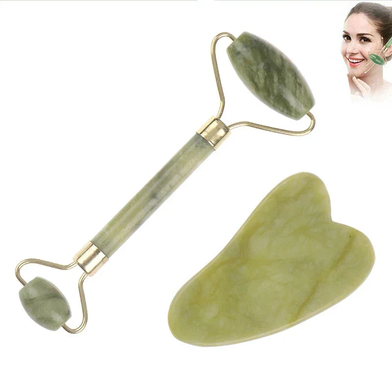 Rodillo Facial y Gua Sha de Jade Verde – Masajeador de Belleza Natural