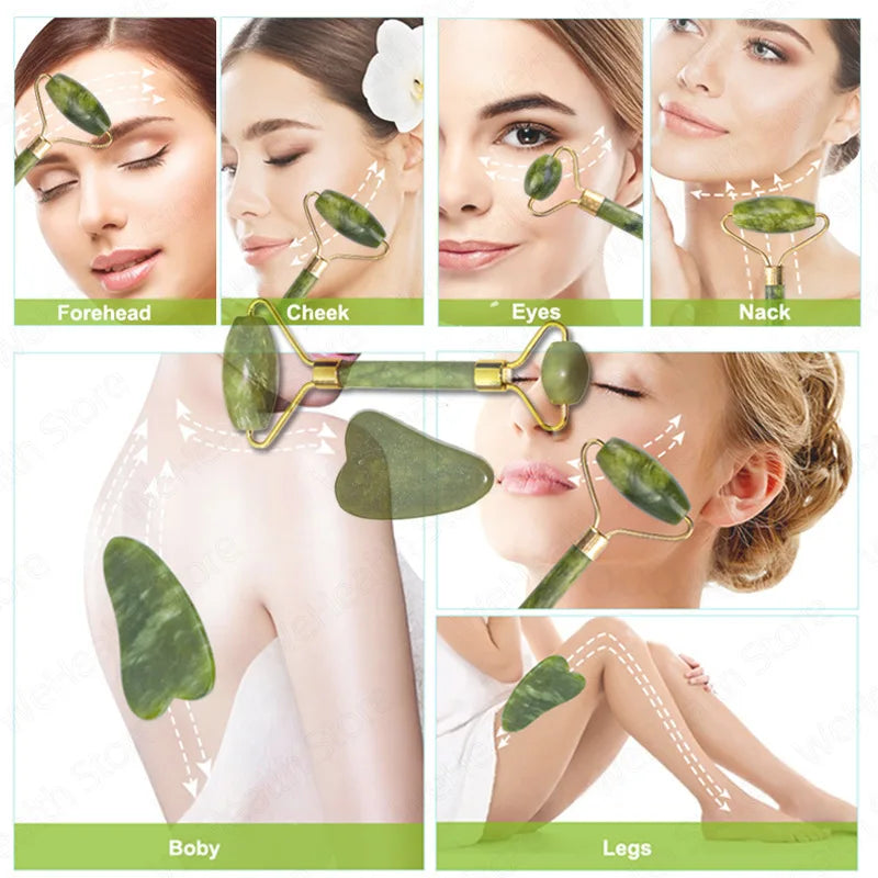 Rodillo Facial y Gua Sha de Jade Verde – Masajeador de Belleza Natural