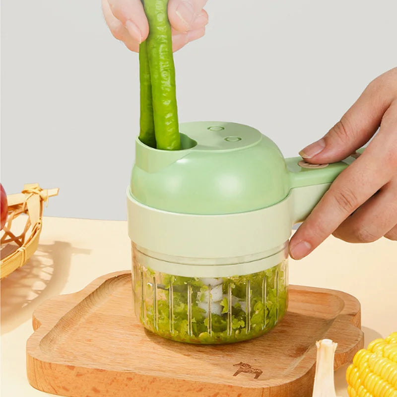 4-in-1 Multifunctional Electric Vegetable Cutter and Garlic Chopper with Slicing, Mashing, and Mixing Capabilities