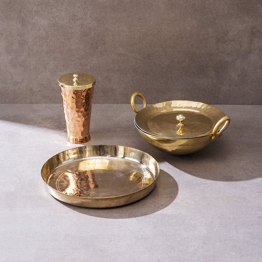 Kit de Iniciación Ayurveda – Kadhai de Latón, Vaso de Cobre y Plato Kansa de 26,5 cm