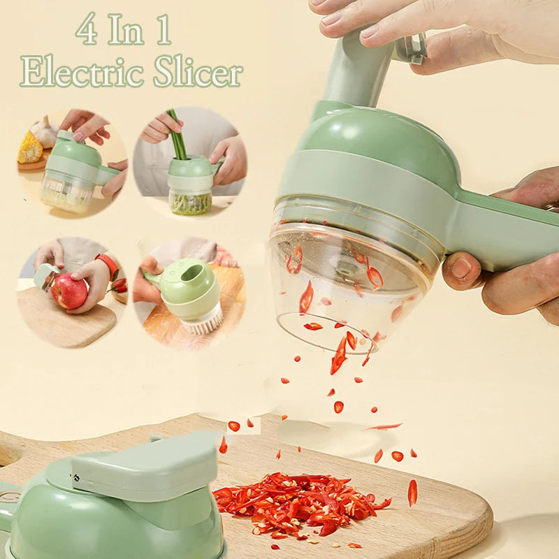 4-in-1 Multifunctional Electric Vegetable Cutter and Garlic Chopper with Slicing, Mashing, and Mixing Capabilities